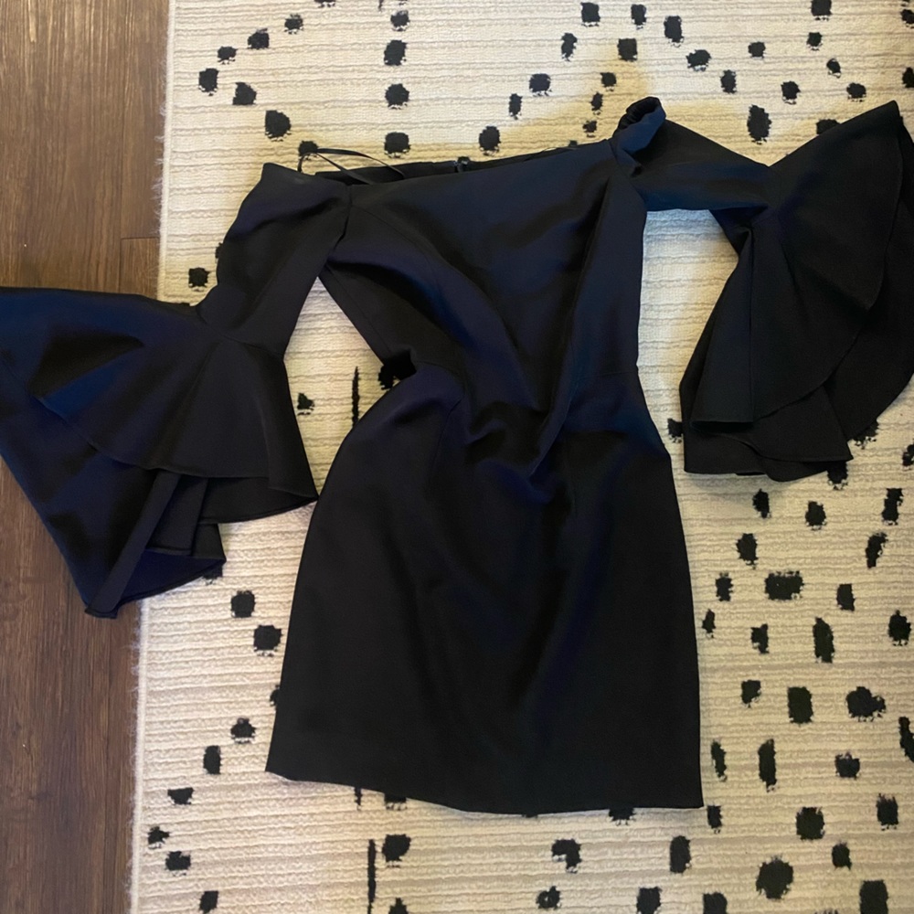 MILLY Luna Italian Cady Off-the-Shoulder Bell Sleeve Ruffle BLACK Shift Dress